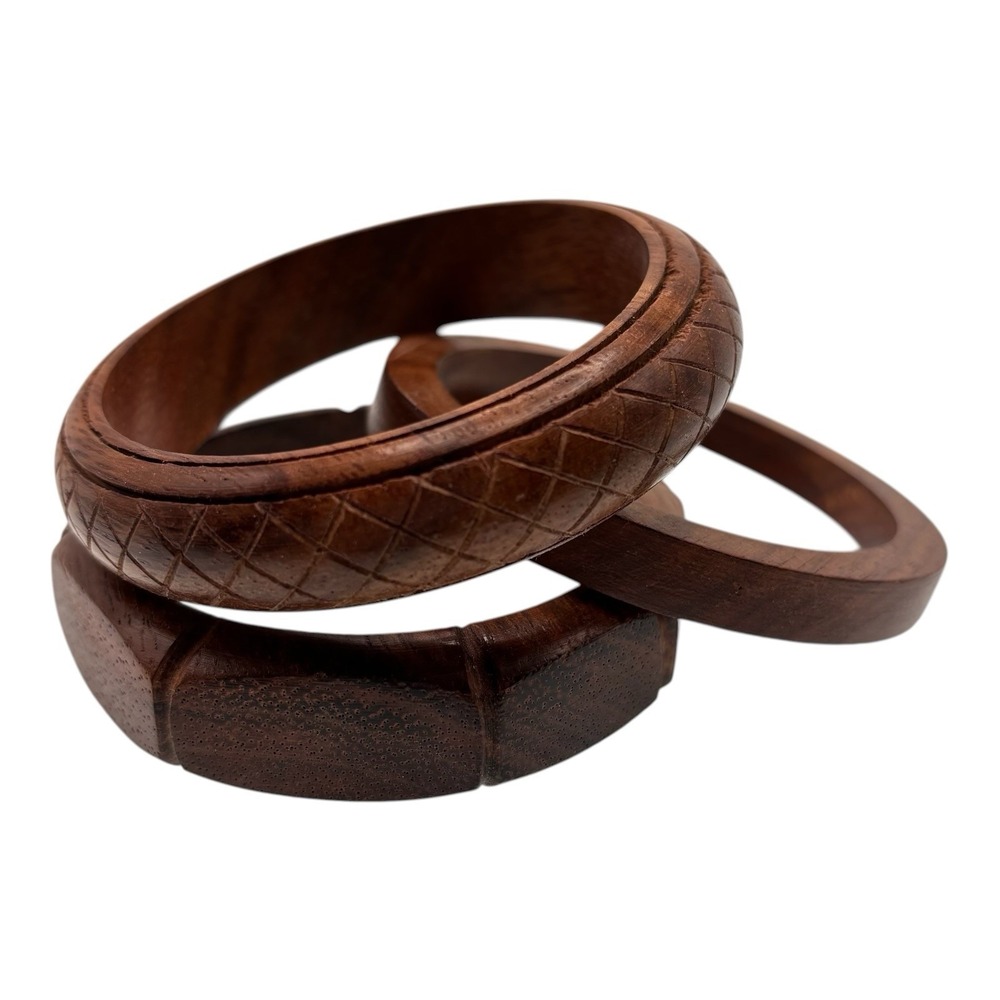 Lot 3 Bangle Bracelets Faux Wood Resin Bangle Brown Carved Faceted Stackable